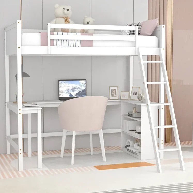 Twin Loft Bed with Built-in-Desk and Storage Side Cabinet Children Wooden Bunk Bed Kids Bunk Bed