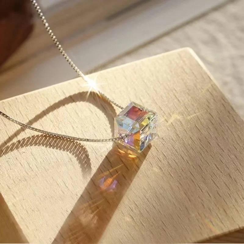 SOMILIA 925 Sterling Silver Necklace for Women Girl Super Flash Sugar Cube Crystal Collarbone Chain Personalized Design