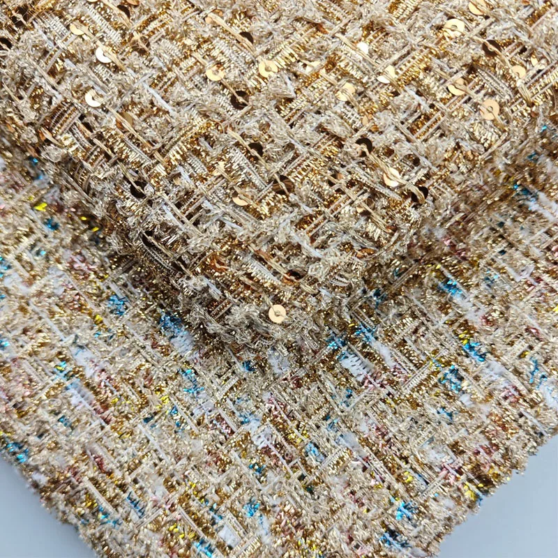 Gold Wire and Sequin Yarn-Dyed Braided Tweed Fabric For Women's Autumn Jacket Dress Suit Coat DIY Cloth Sewing Material