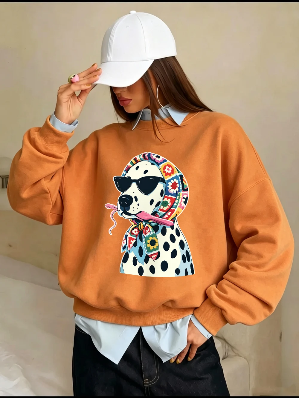 Blumenmuster Kopftücher Gepunktete Hunde-Prints Sweatshirts Damen Lose Basic-Hoodies Fleece Warme Rundhals-Pullover Winter Damen-Oberteile – Detail 14