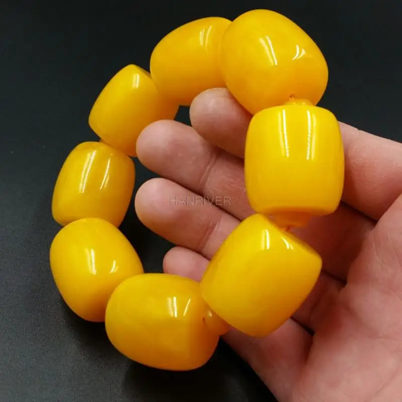 20mm Amber Yellow Beeswax Old Honey Wax Amber Bracelet Round /barrel Bead Hand Row for Men Hand Bangle Suitable for 15-25cm free