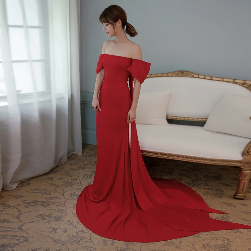 

off-Shoulder Toast Dress New Elegant Fishtail Tight Waist Banquet Host Long Dress Bridal Wedding Dress