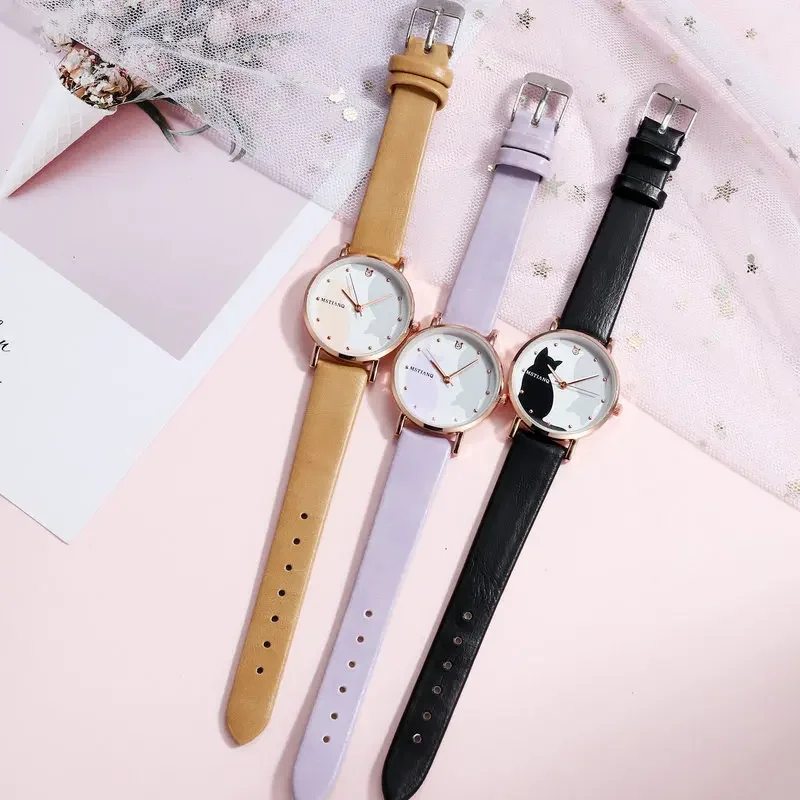 Cute Cartoon Cat Women Watch Students Korean Style Simple Belt Quartz Women Watch Leather Strap No Bracelet or Box Relogio Mujer