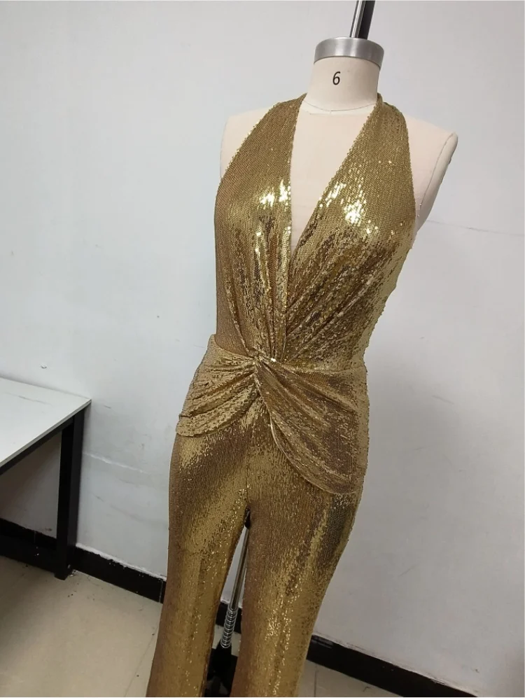 Summer New 2024 INS Women Sexy Glitter Sequins Gold Bodycon Jumpsuit Celebrity Designer High Street Boot Cut  Rompers