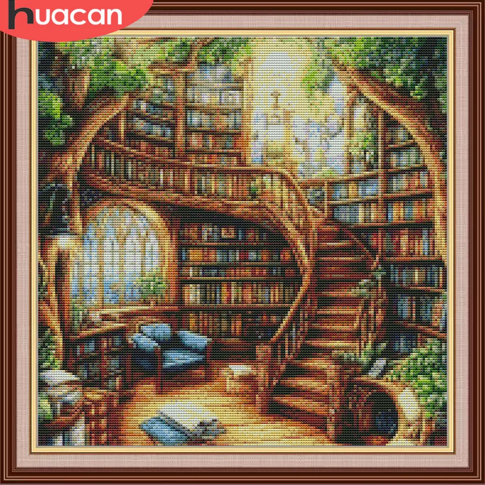 HUACAN – Kits de points de croix, étagère à livres, broderie de paysage, artisanat de loisirs, fils Dmc, image de 11Ct, toile imprimée, décor mural