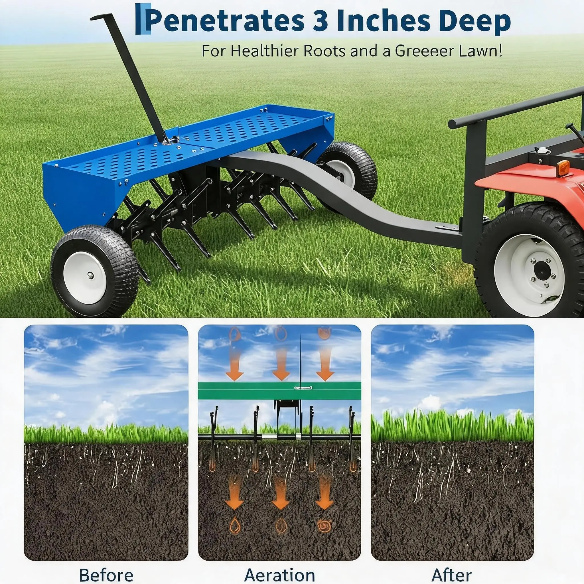 48-Inch Tow Behind Plug Aerator, Pull Behind Lawn Aerator with Durable Steel Tines, Weight Tray & Pneumatic Tires, Tow Behind Spike Aerator for Lawn Care, Farm, Planting & Large Yard