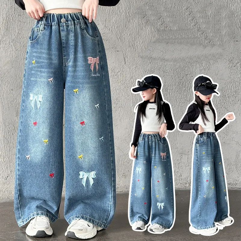 Autumn Girls Wide-leg Jeans Trousers with Bow Embroidery for Children Casual Loose Straight Leg Denim Pants Kids Baggy Trousers