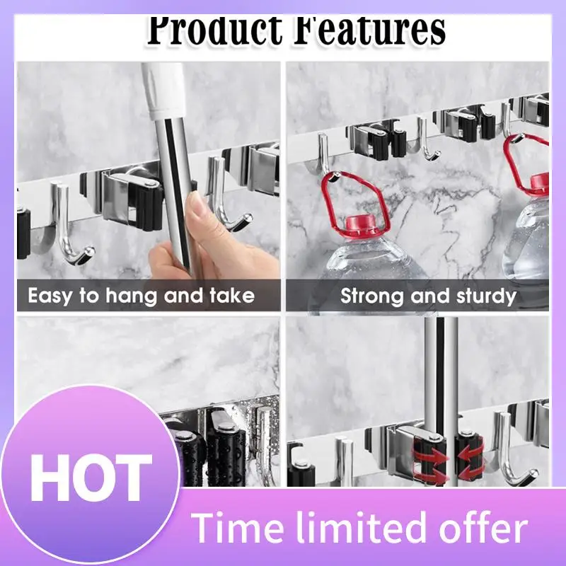 

B69C Stainless Steel Wall Mount Bracket 5 Racks And 4 Hooks Broom Organizer Tool Rack For Home Kitchen Garage