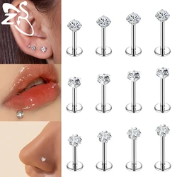 ZS 1Piece 16/18/20G Stainless Steel Labret Lip Piercings 2-4MM Round CZ Crystal Internal Thread Helix Cartilage Earrings Jewelry
