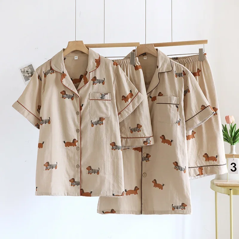 

2025 New Summer Couple's Pajama Set 100% Cotton Gauze Cute Men's and Women's Short Sleeve Shorts Two Piece Set Home Clothes