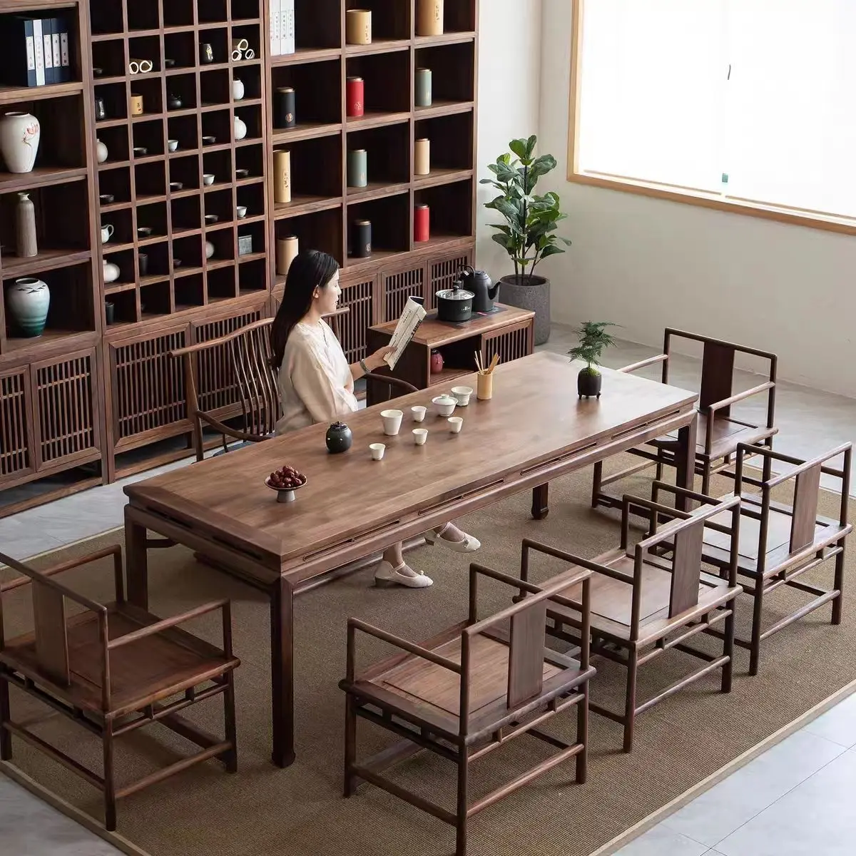 Solid wood furniture household  large board walnut tea table chair office  aesthetic furniture