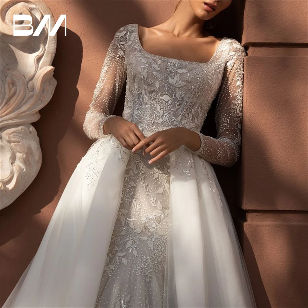 

Graceful Square Neck Beading Wedding Dresses for Women, Customized, Long Illusion Sleeves, Luxury Bride Dress, Detachable Train