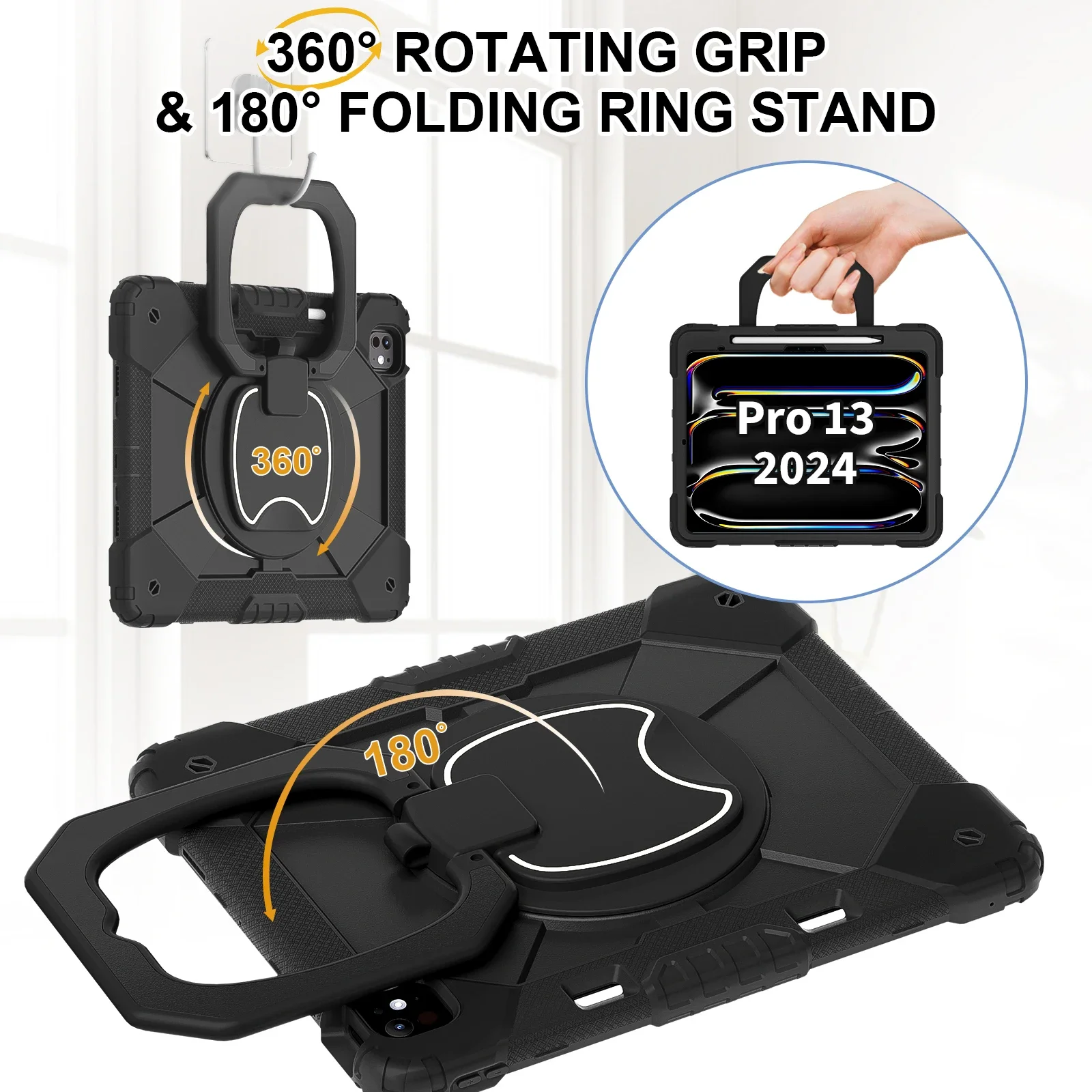Handle Grip CaseสําหรับIPad Pro/iPad Air 13 นิ้ว 2024 Dutyกันกระแทกเด็กแท็บเล็ตสายคล้องมือ 360 ° ขาตั้งแฮนด์พร้อมถาดใส่ปากกา