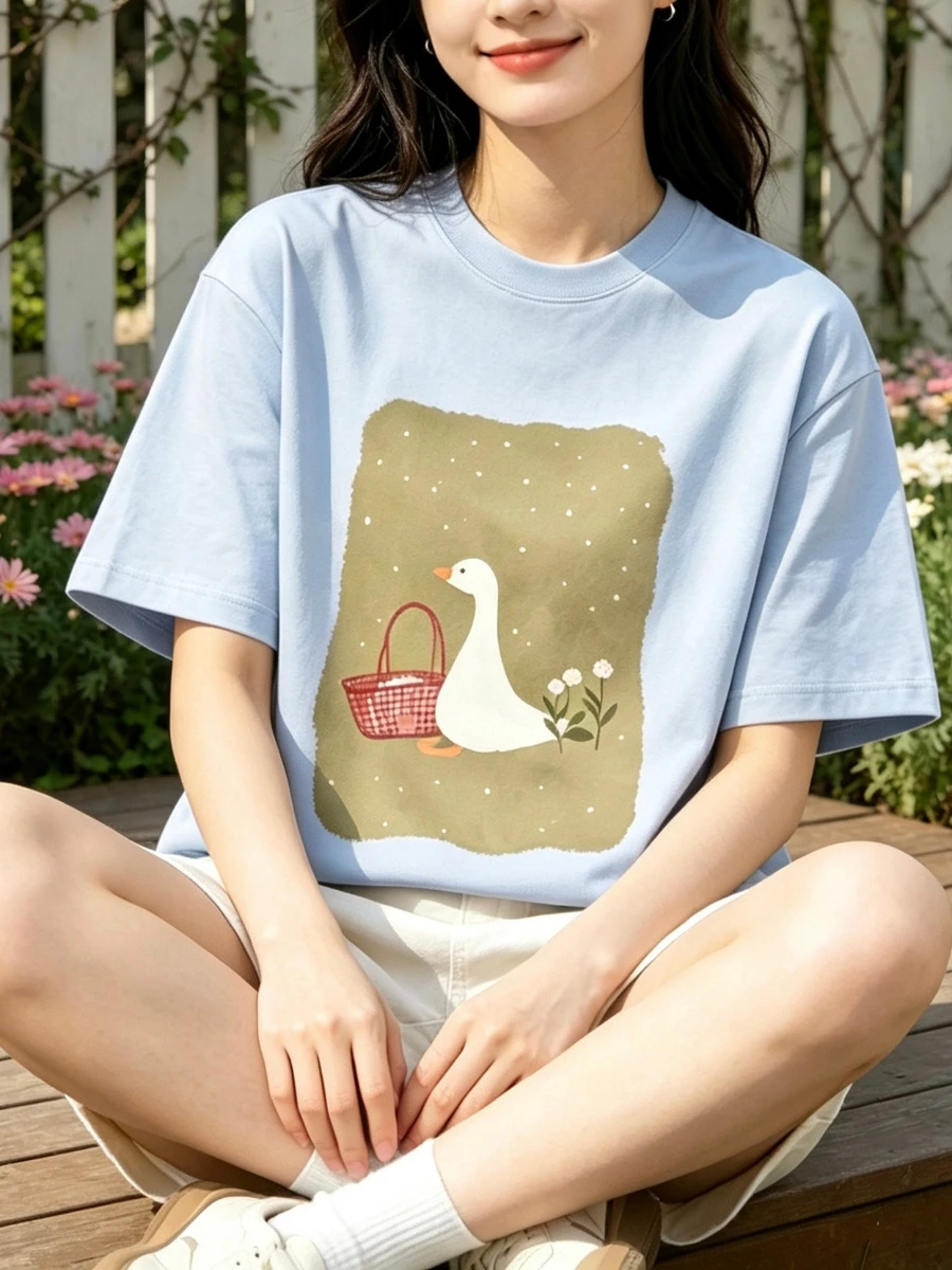 2026 New 100%Cotton Women's Fashionable Printed T-shirt Casual Vintage Fashion Hip Hop Loose Top 230g/m³ Printing Short Sleeve
