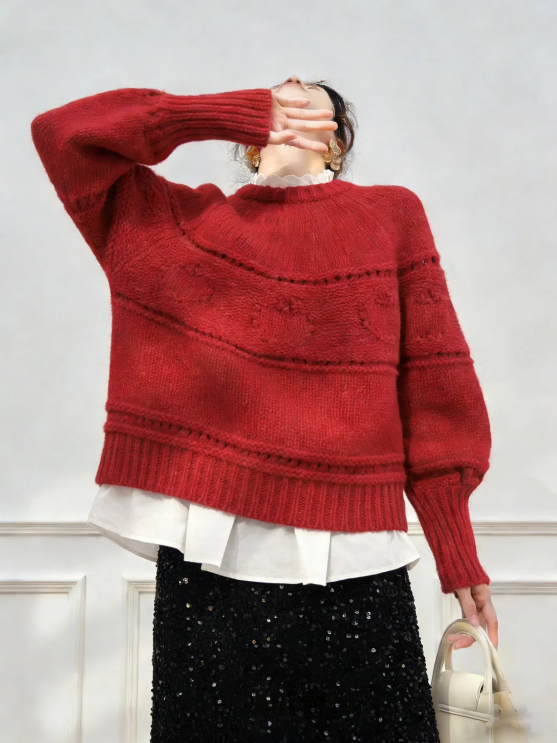 

Красный вязаный свитер для женщин, зимний, новогодний, многослойный, повседневный, свободного кроя, с длинным рукавом, круглым вырезом, термополиэстер