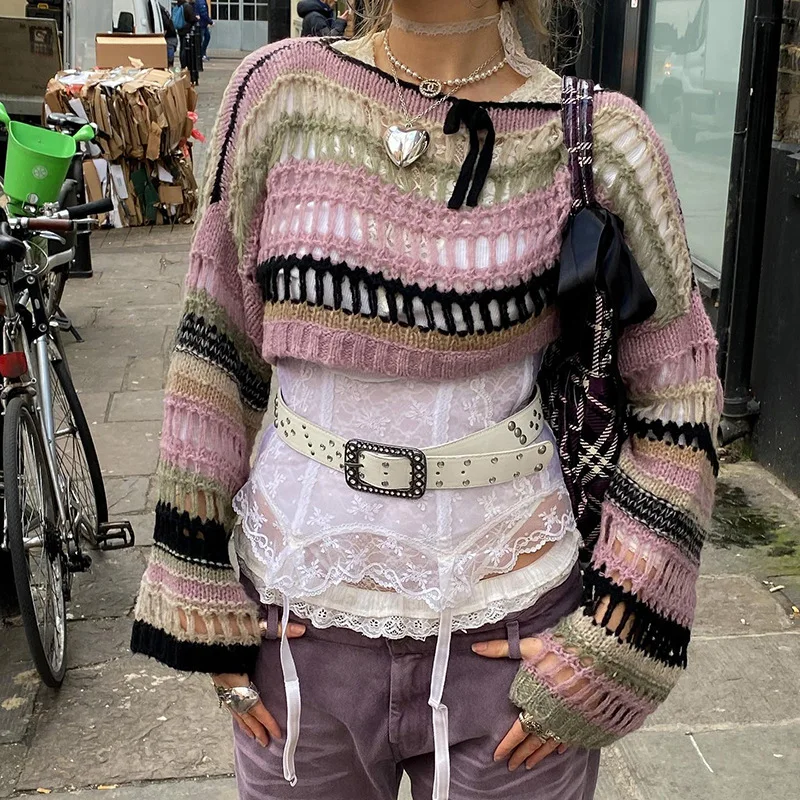 Y2k Striped Knit Sweater  Hollow Out Crochet Top Women Casual Pullover Beach Smock Streetwear 2023 Autumn Winter Female Clothing