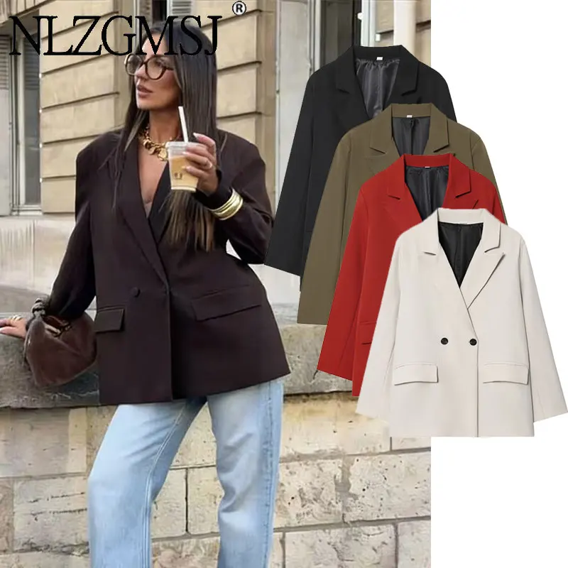 

NLZGMSJ 2025 осенний женский пиджак, модный пиджак с подплечниками, двубортный пиджак для женщин, повседневная уличная одежда