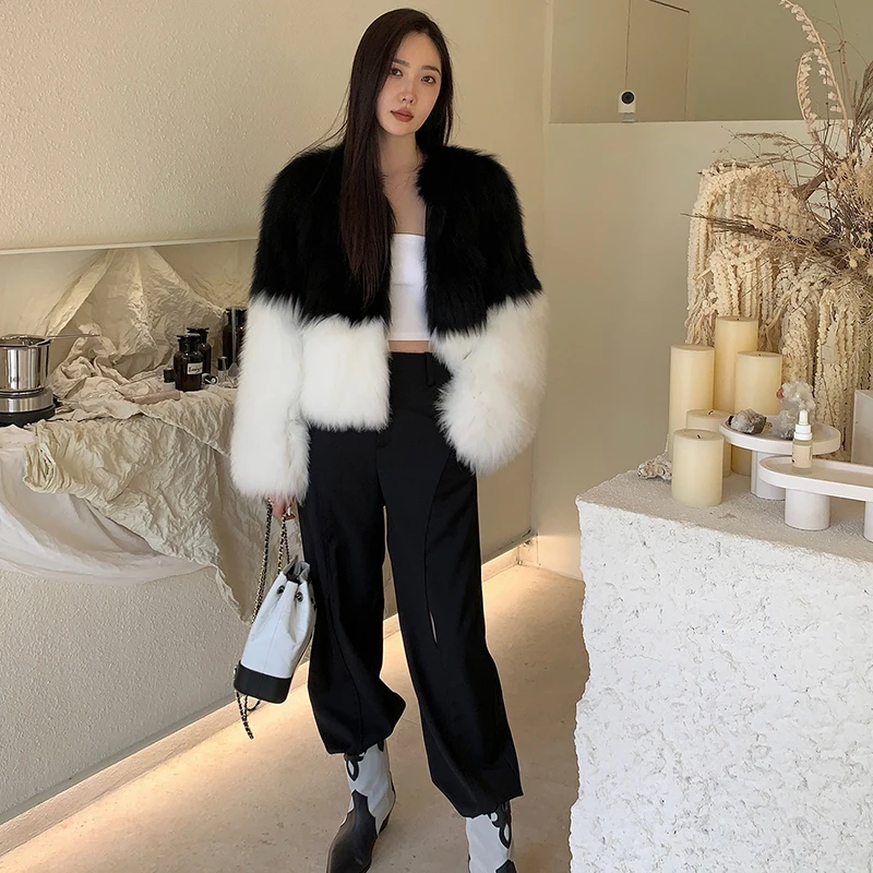 Fur Tops Preto Branco Patchwork Mulheres Casaco De Pele Do Falso 2023 Moda Em Torno Do Pescoço Fofo Jaqueta de Inverno Mulher Manga Comprida Casacos Cortados