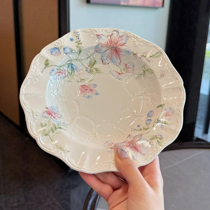 

French Tableware Ceramic Bowls Embossed Pastry Plate Western Cutlery Breakfast Dessert Plate Household Disc Kitchen Accessorie