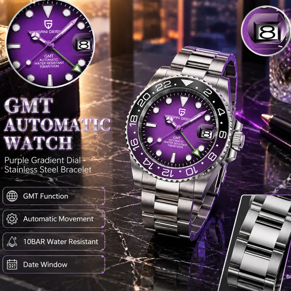 New PAGANI DESIGN GMT Automatic Wristwatch Stainless Steel 100M Waterproof Sports Men Watch Top Brand 40mm Mechanical Watch Men