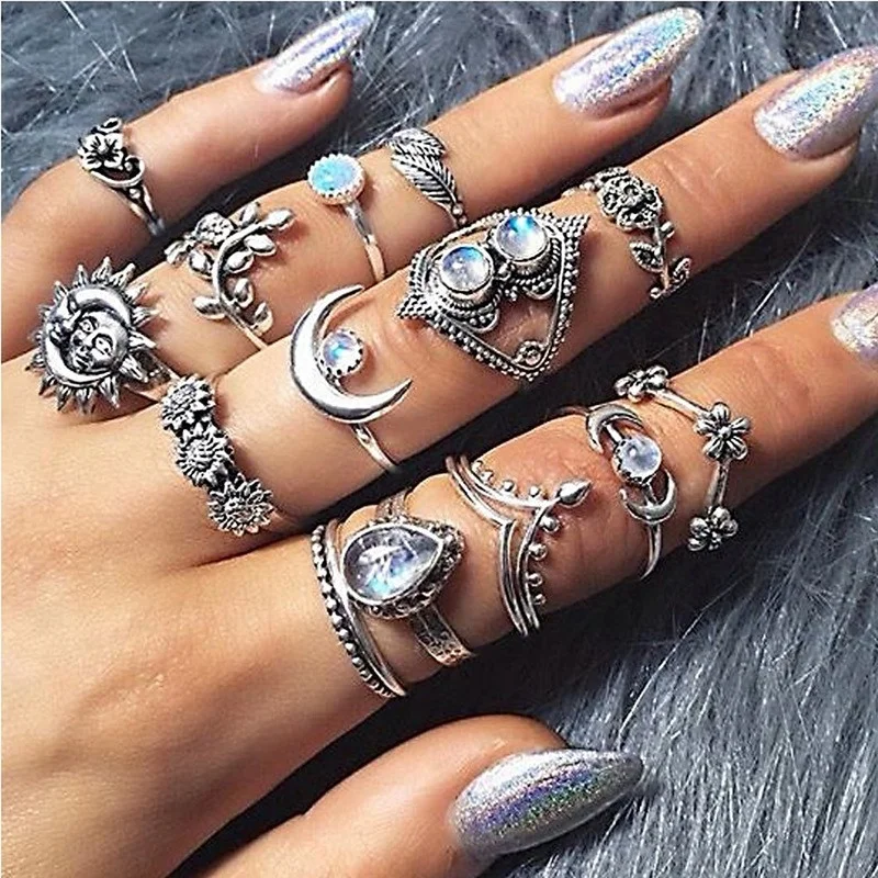 New Bohemian Hollow Carved Crystal Ring Set Flower Sunflower Moon Sun Vintage Water Drop Ring Fashion Jewelry for Women Gifts