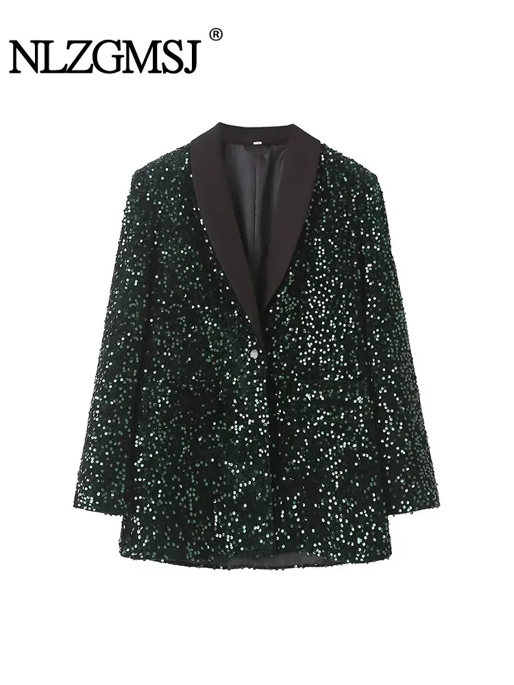 

Nlzgmsj TRAF 2024 Sparkling Sequins Women Party Jacket Spring Long Sleeve Single Button Slim Blazer Female Top Y2K Coat