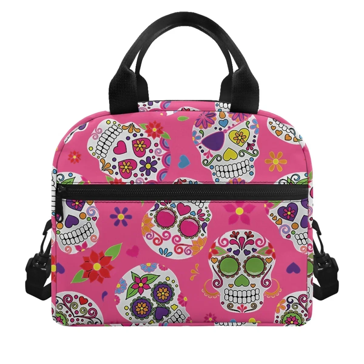 

New Halloween Decoration Pink Flower Skull Woman Double Layer Lunchbag Smooth Zipper Strap Sophisticated Durable Insulated Bags