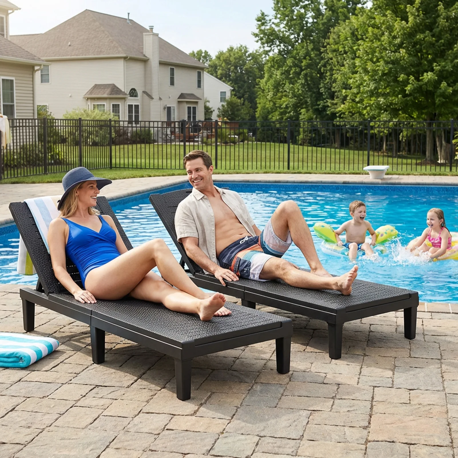 2PCS Lounge Chair Outdoor 5 Position Adjustable Pool Reclining Chair for Garden Poolside Patio Beach Black Outdoor Lounge Chair
