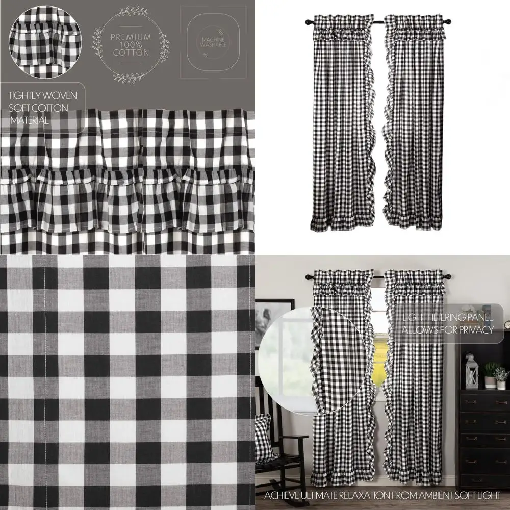 

Cotton Buffalo Check Curtains with Rod Pocket and Tie-Backs, Ruffled Pair for Farmhouse Style