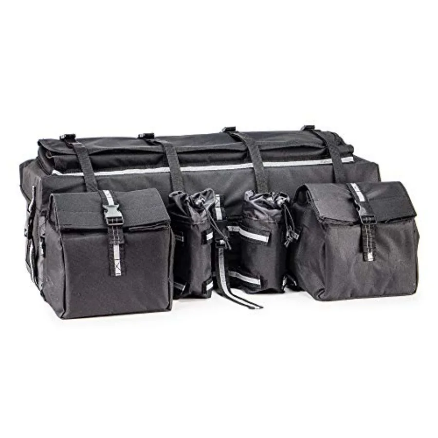 

Cargo Bag for ATV Motorcycle Snowmobile Black Weather Resistant Canvas Multiple Pockets Removable Bags Dual Bottle Holders