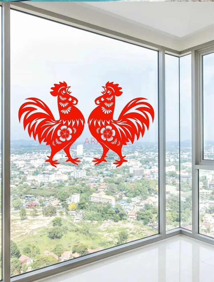 2pcs Zodiac Rooster Window Flower Electrostatic Stickers Glass Door Window Stickers Red New Year Spring Festival
