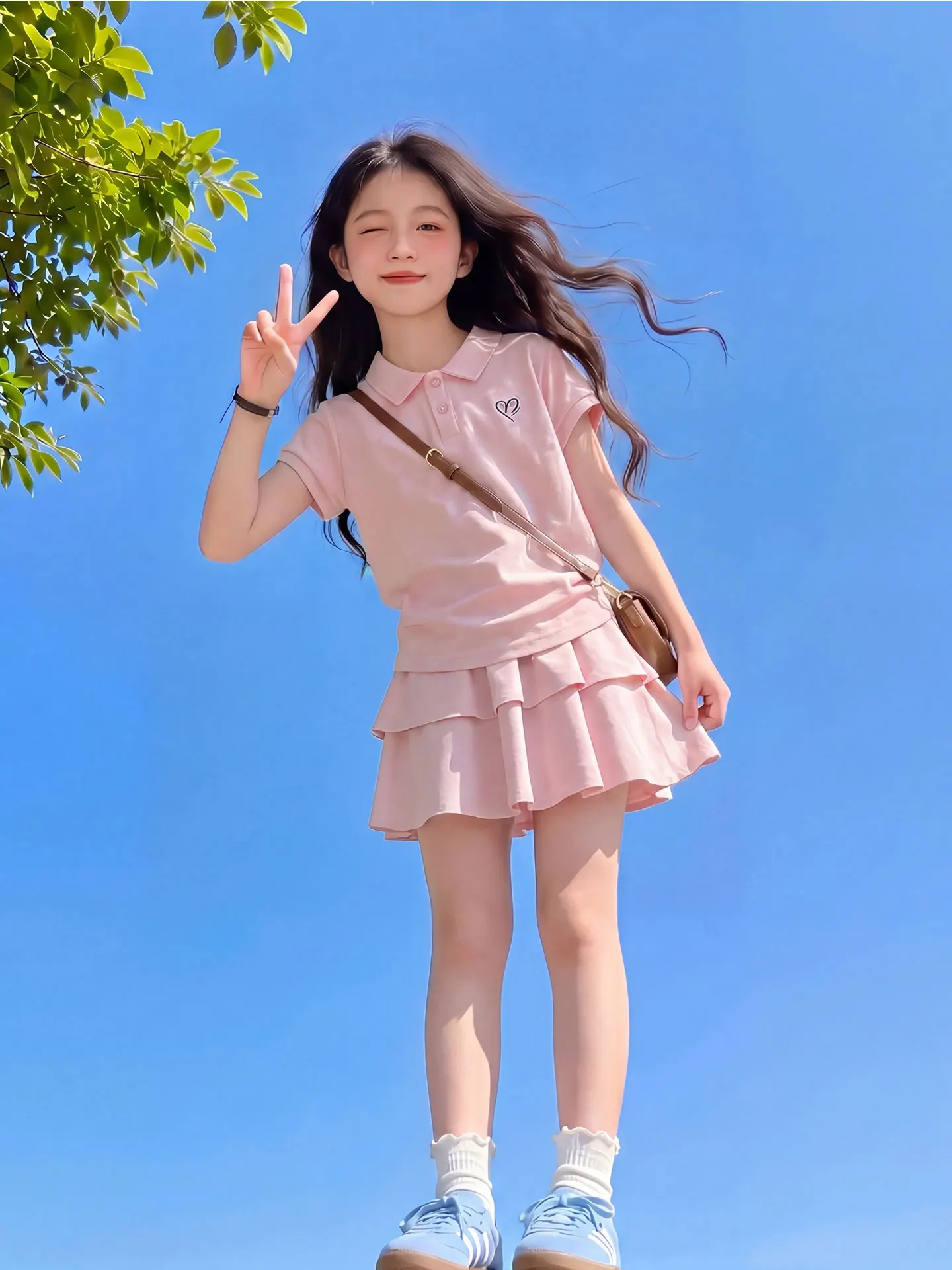 girls'-summer-outfit-short-sleeve-vest-and-short-skirt-set-school-uniform-style-children's-clothing-polyester-fiber-breathable
