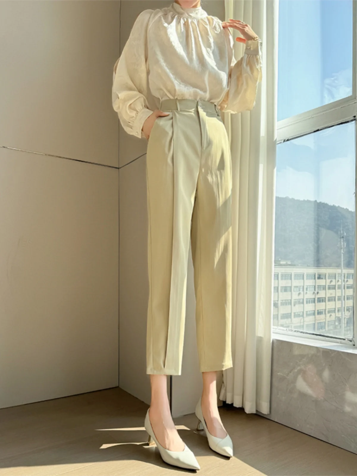 

Casual Harlan Pants Women's New Style 2026 Spring Nine Points Cone Shape Suit Pants High Waist Polyester Fiber Pocket Detail