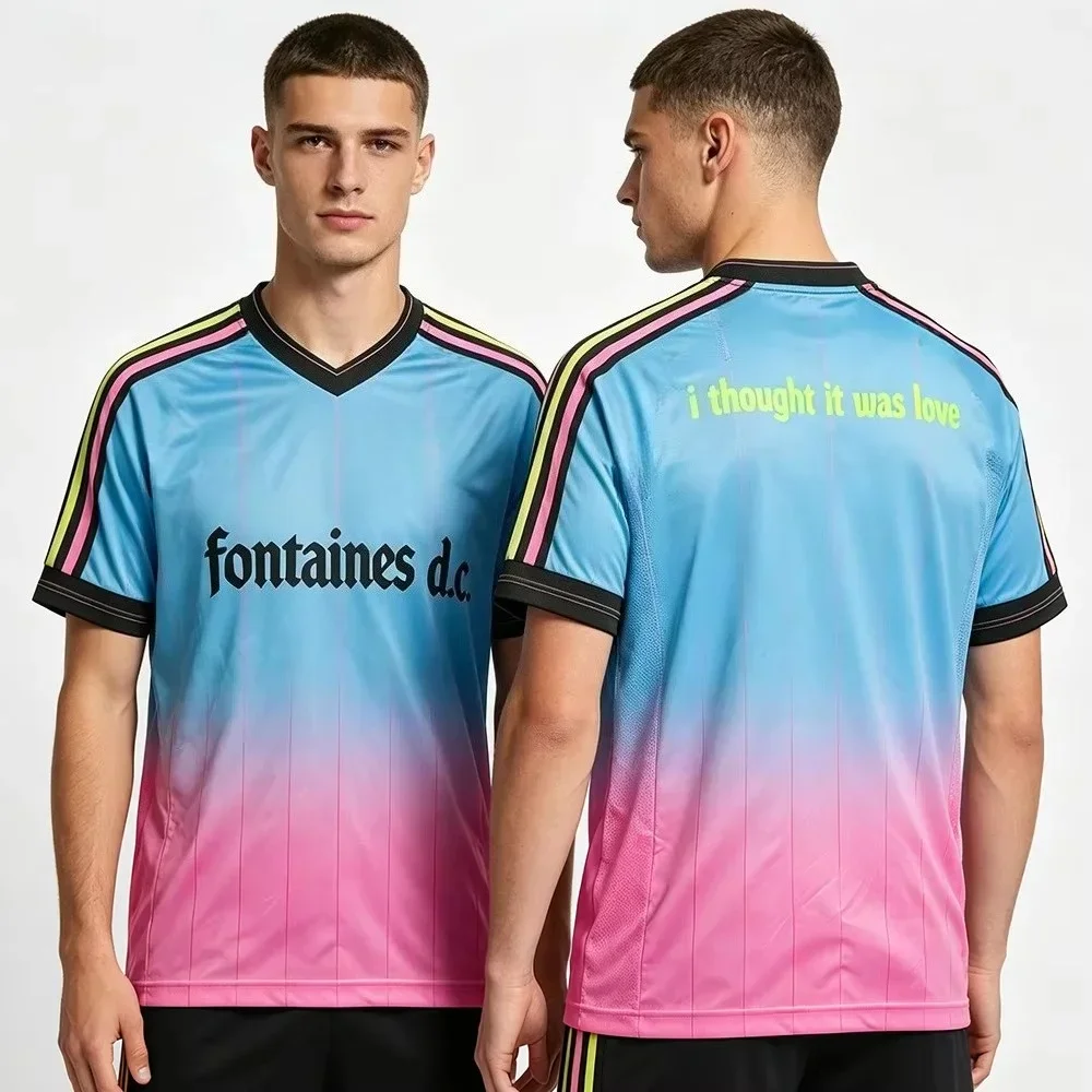 20262026 New Model Band Football Jersey Style T-shirt with 3D Print, Blue and Pink Gradient Color, Short-sleeved Sports Top