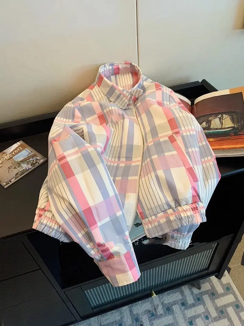 

Spring And Autumn New Color Blocked Grid Collar Jacket For Women's Fashion Loose Casual Top