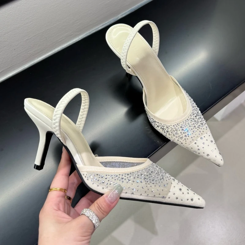 

Сексуальные женские летние дышащие сандалии на высоком каблуке со стразами и сеткой для женщин, модные брендовые модельные туфли для свадебной вечеринки, туфли-лодочки