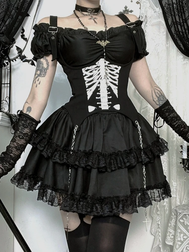 

2026 New Vintage Gothic Women's Dress Aesthetic Fairycore Grunge Y2k Blossoming Sleeves High Waist Lace Patchwork Corset Dresses