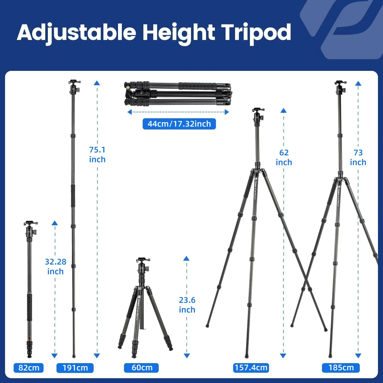 Fotopro 185CM Carbon Fiber Tripod for Camera Detachable Monopod Compact Travel Tripod with Ball Head X-GO PLUS E2