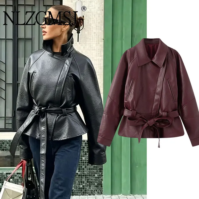 NLZGMSJ 2026 Autumn Faux Leather Jackets for Women Outerwears Office Women Bomber Jacket Belt Zipper Jacket Women Coat
