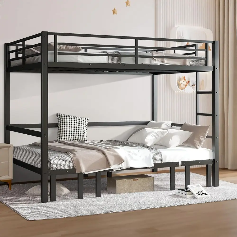 

Durable Metal Queen Over Queen Bunk Bed with Convertible Lower, Built-in Ladder, Safety Rail, Ideal for Adults & Teens