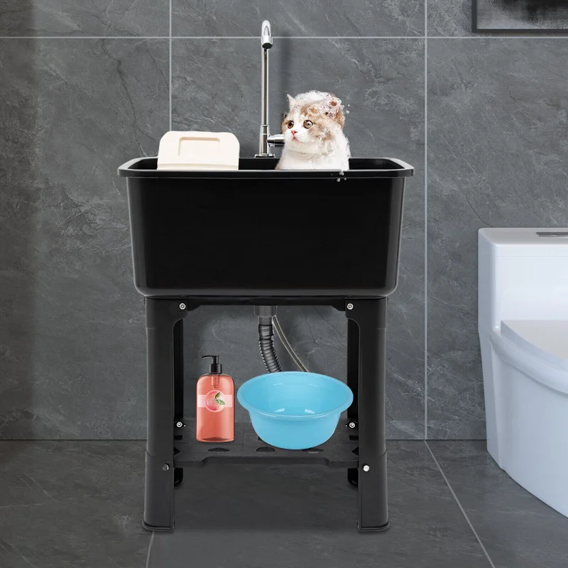 Modern Black Freestanding Utility Sink with 360° Swivel Faucet, Storage Shelf & Washboard - Perfect for Bathroom