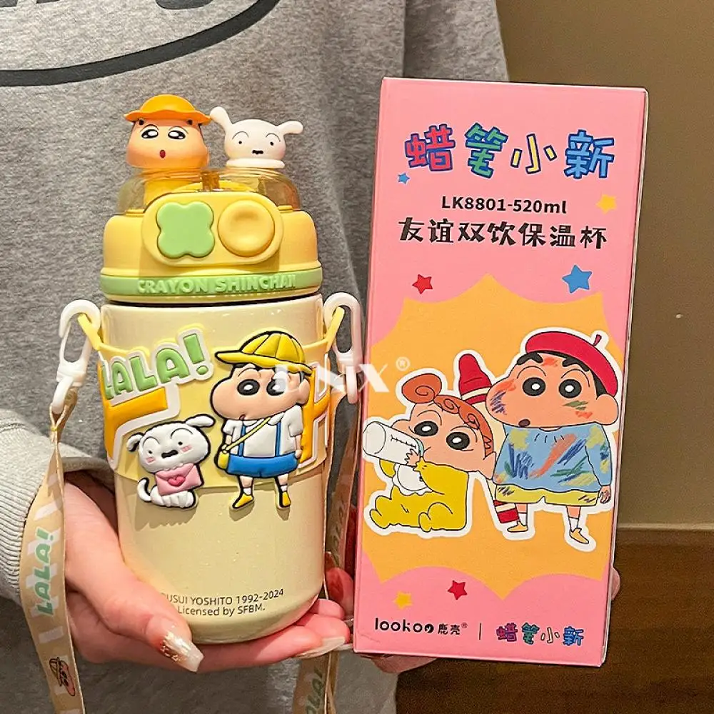 520Ml Thermos Cup Crayon Shin-Chan Anime Cartoon Cute Portable Water Bottle Large Capacity Straw Cup Stainless Steel Water Cup