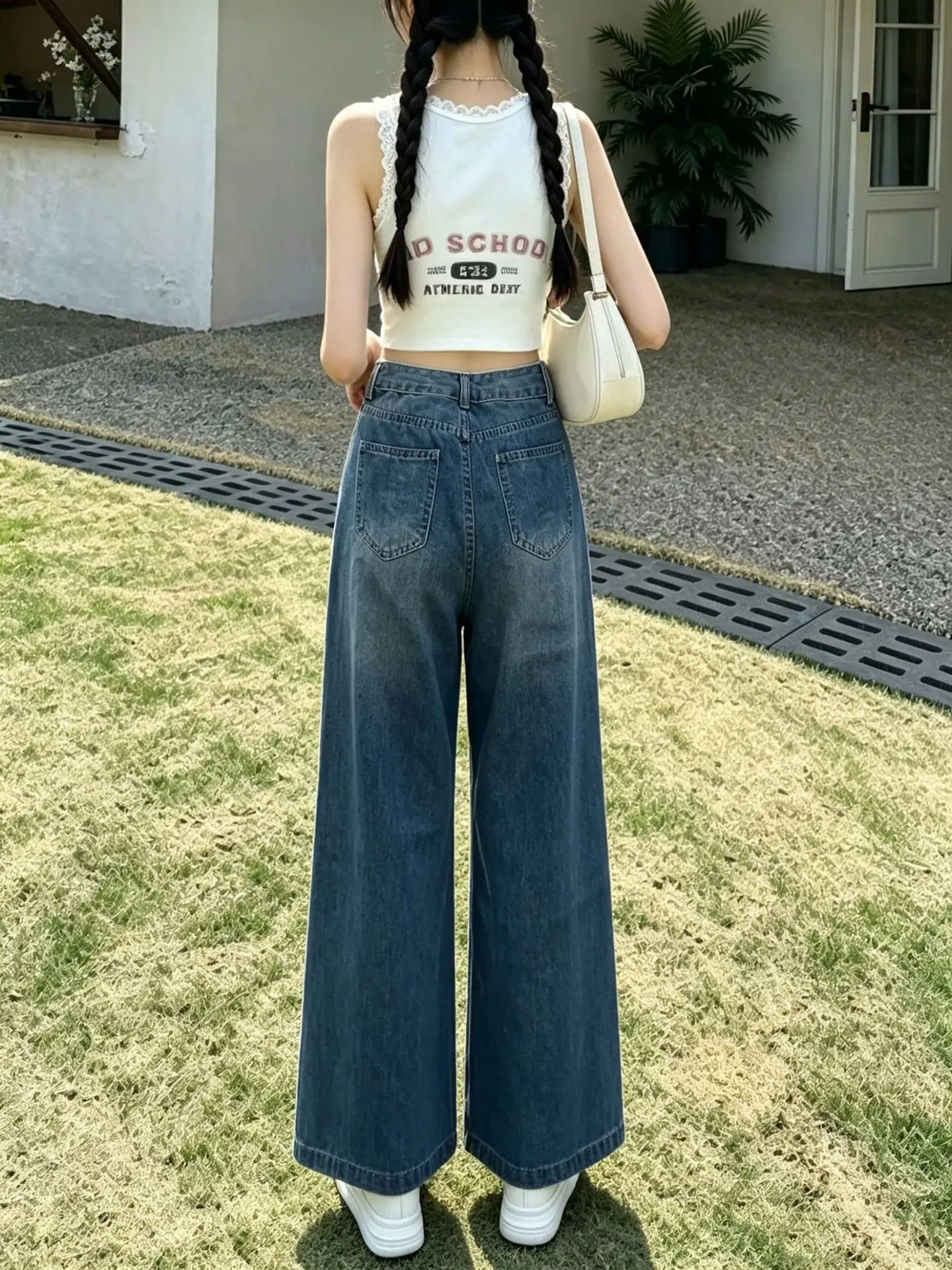 Vintage Blue Lace Up Straight Jeans for Women Korean Casual Versatile High Waist Pockets Denim Trousers Trendy Wide Leg Pants