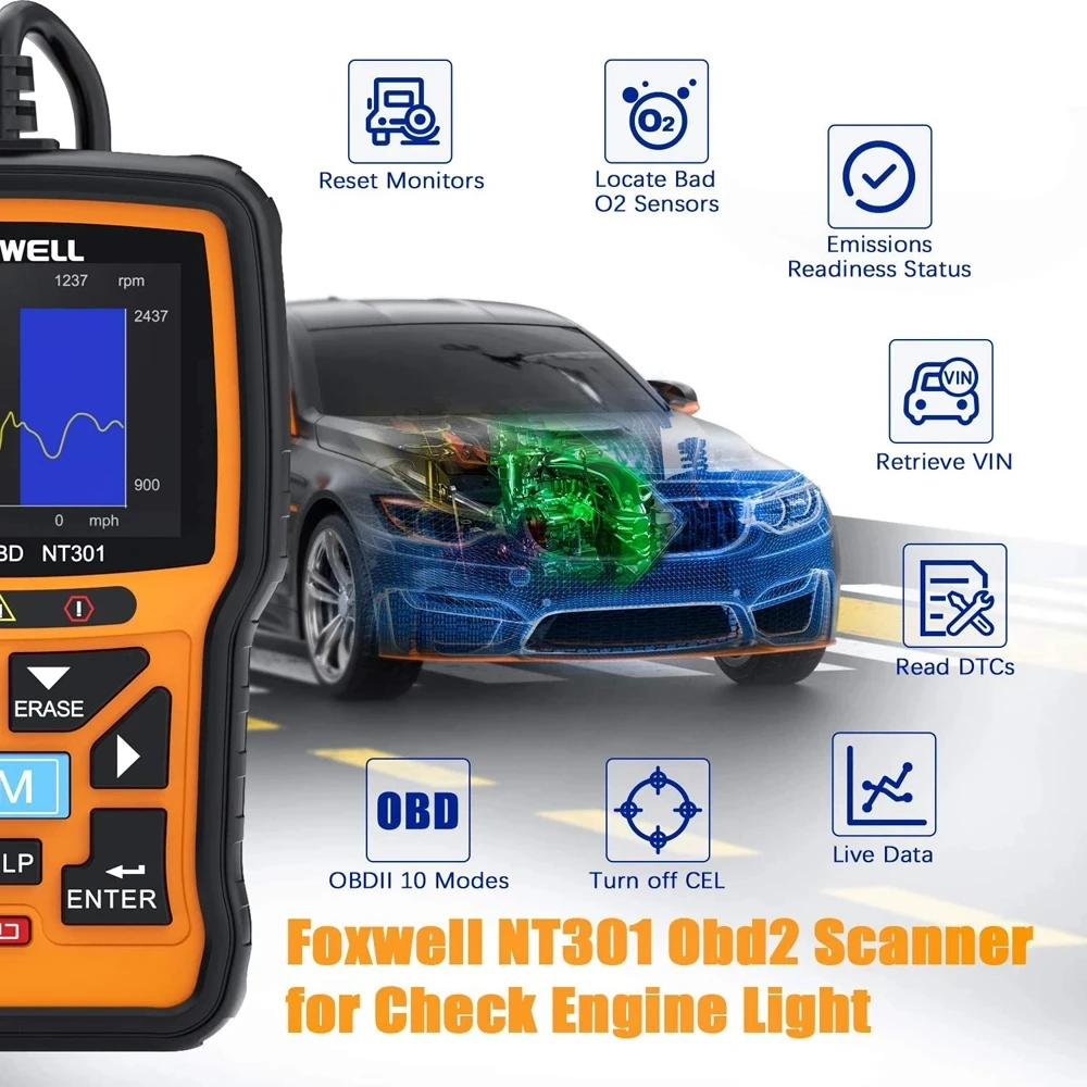 Foxwell NT301 OBD2 Car Diagnostic Tool Code Reader Engine Check Light Professional ODB OBD 2 Automotive Scanner PK ELM327