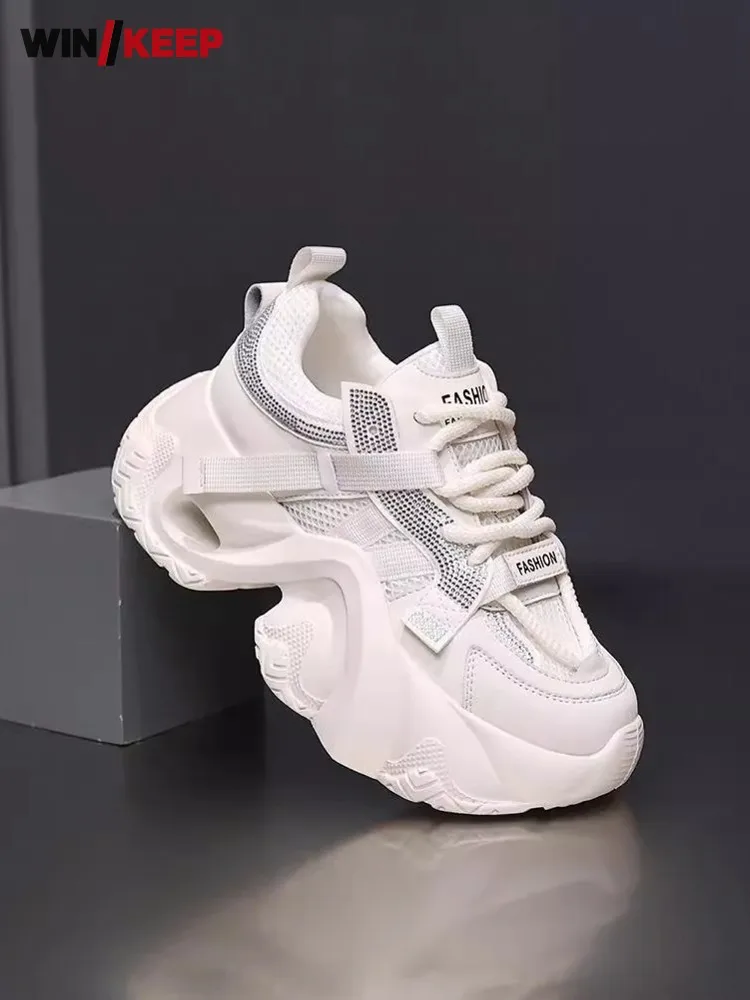 Ladie Breathable Shiny Diamonds Mesh Spliced Split Leather Lace Up Running Shoes Thick Platform Training Sport Sneakers Joggers