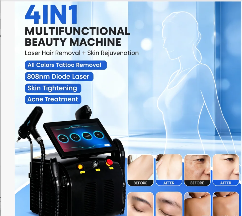 Diode Laser 4 In 1 Hair Removal Machine 7000W 4 Wavelengt Opt Ipl RF Nd Yag Picosecond Tattoo Removal Carbon Peeling Newest