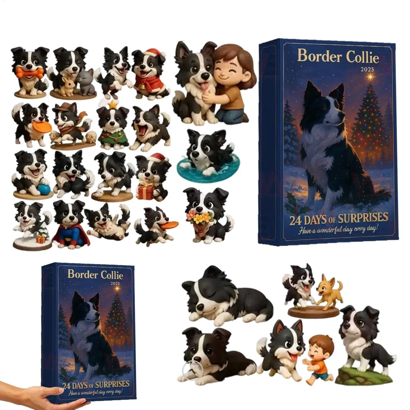 Calendrier de l'Avent sur le thème du chien de berger de Noël 2D Acrylique Arbre de Noël Border Collie Pendentif suspendu Mignon Border Collie Figure Ornements