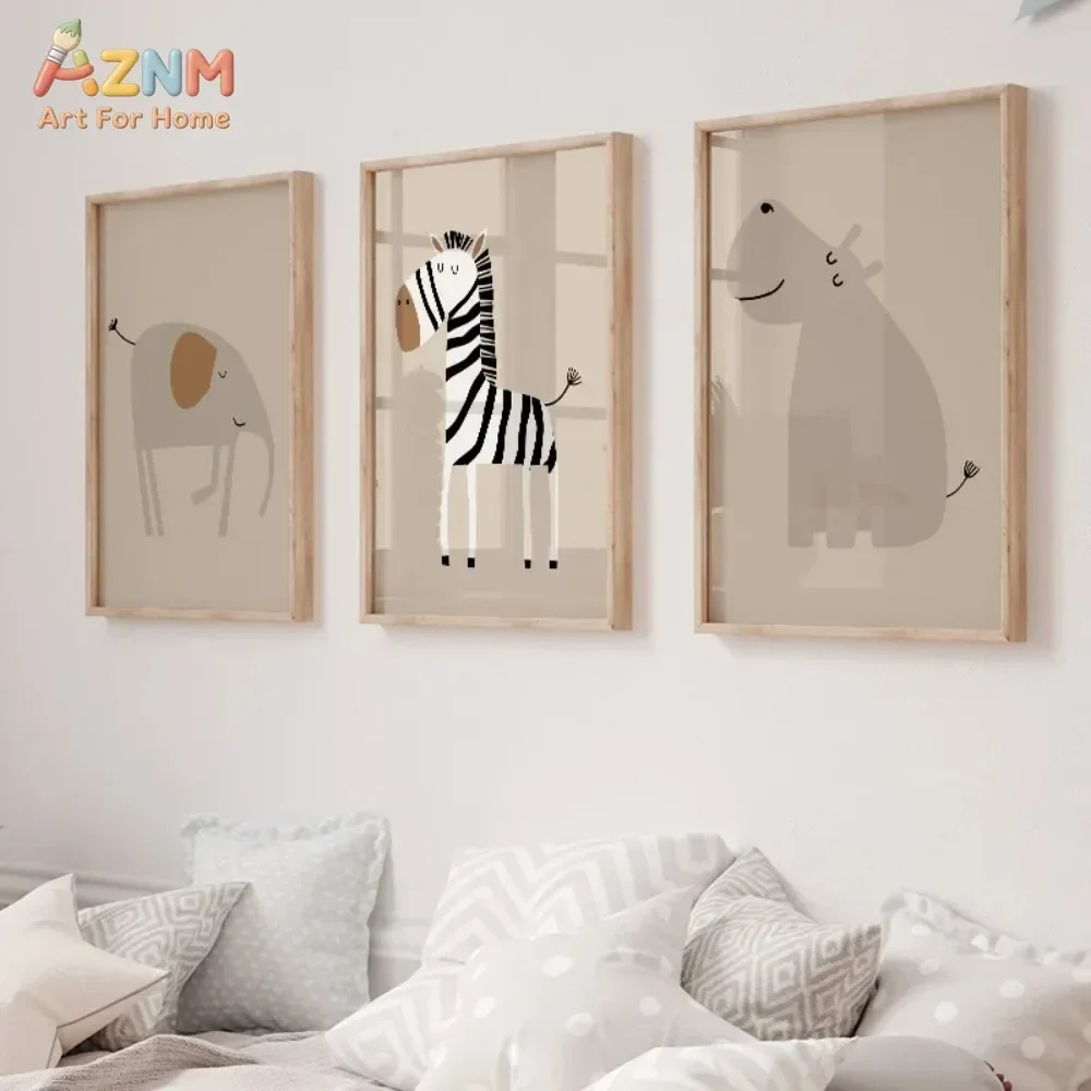 AZNM Frameless Canvas Poster Cute Safari Animal Print, Lion Giraffe Zebra Elephant Tiger Hippo Neutral Cartoon Illustration Wall