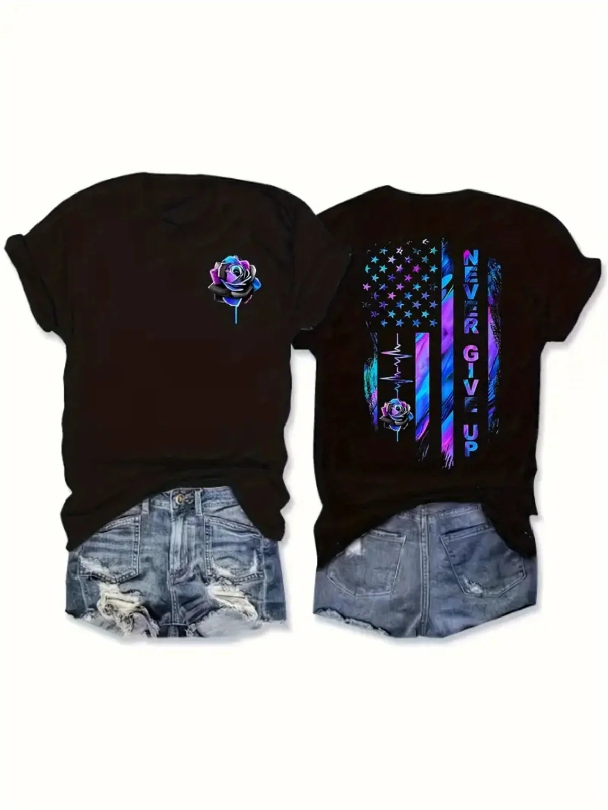 تي شيرت نسائي كاجوال على الموضة على الوجهين بنمط العلم الوطني مطبوع من القطن فضفاض بأكمام قصيرة وتصميم عصري