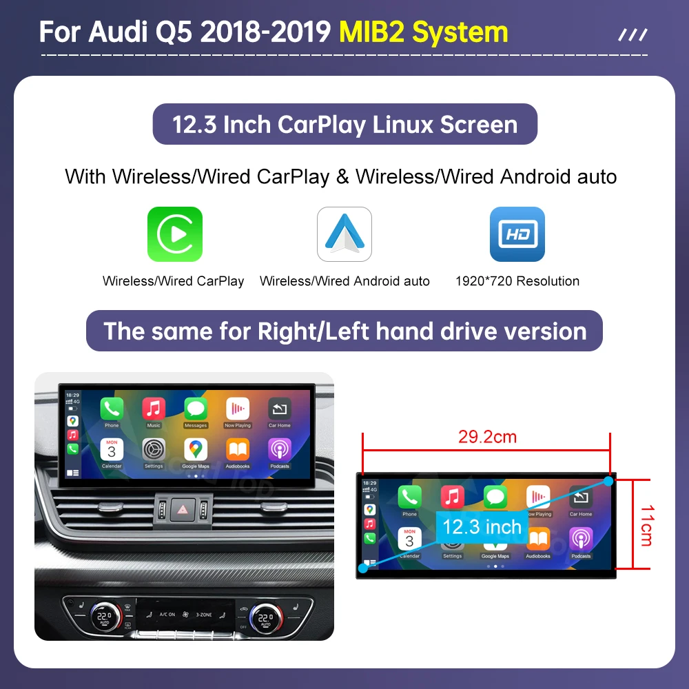 Road Top 12.3 "1920*720 Auto Multimedia Touchscreen Voor Audi Q5 2018-2019 Draadloze Carplay display Android Auto Speler